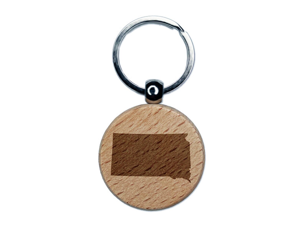 South Dakota State Silhouette Engraved Wood Round Keychain Tag Charm